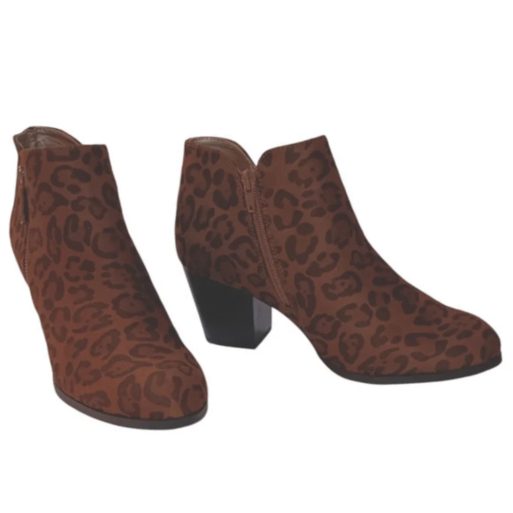 NEW Style & Co. Animal Print Boots Size 8.5 Ankle Black Brown Vegan Faux Leather